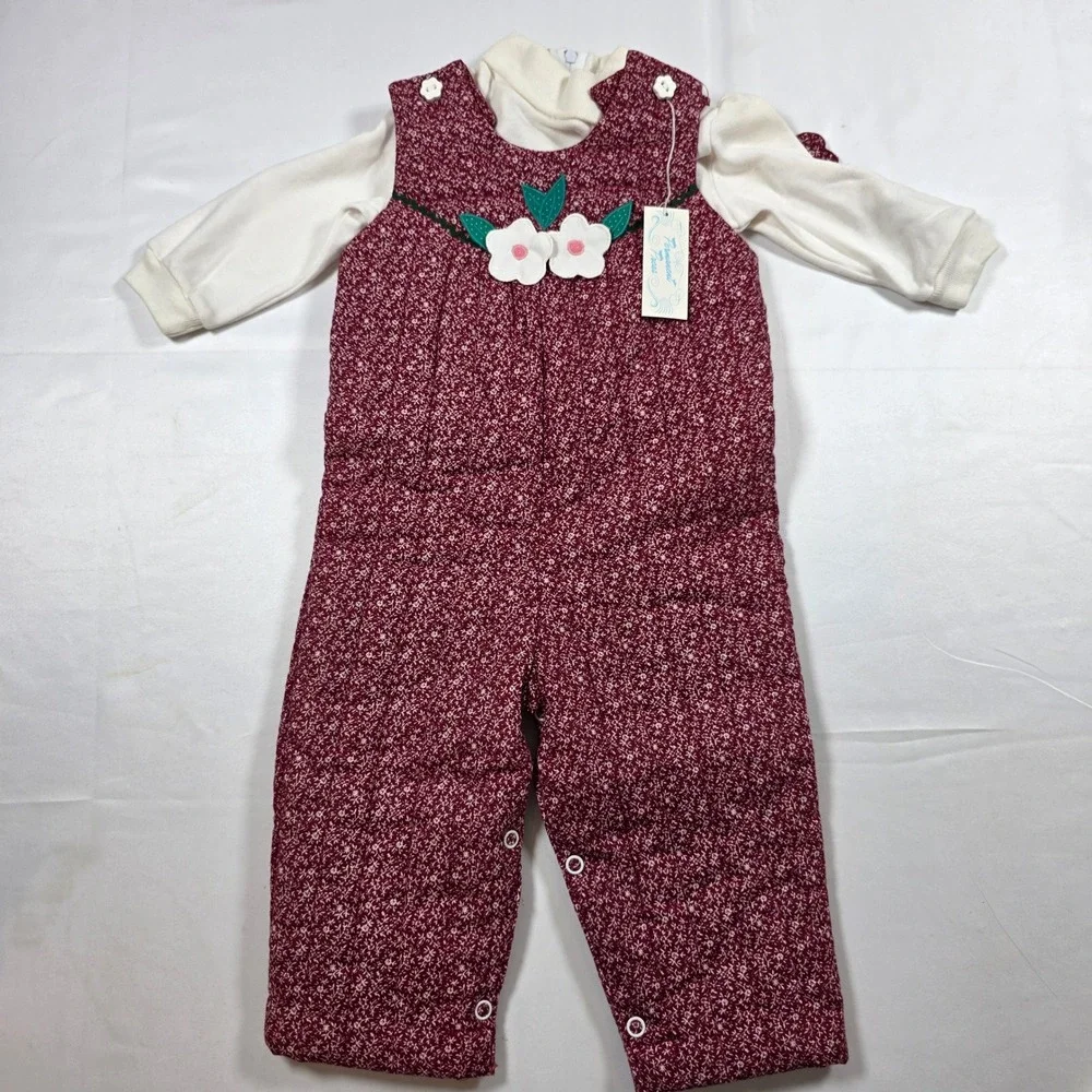 Vintage Baby Togs Baby Girl Burgundy Quilted Floral Jumper Set 12 Mo Cottagecore